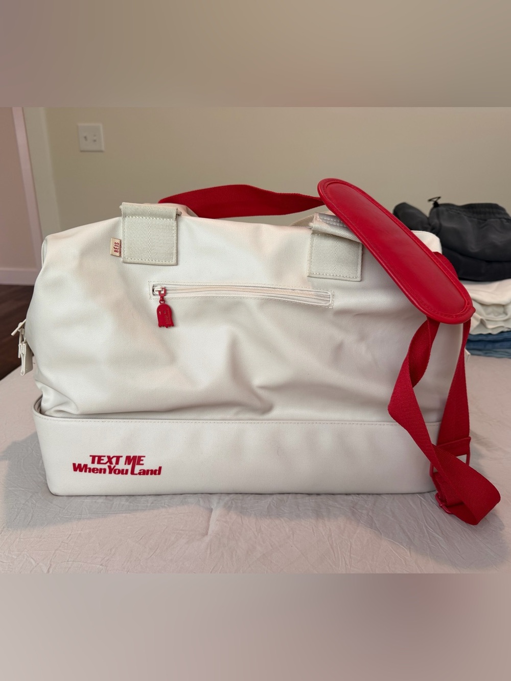 BEIS White Weekend Duffel with Red Accents